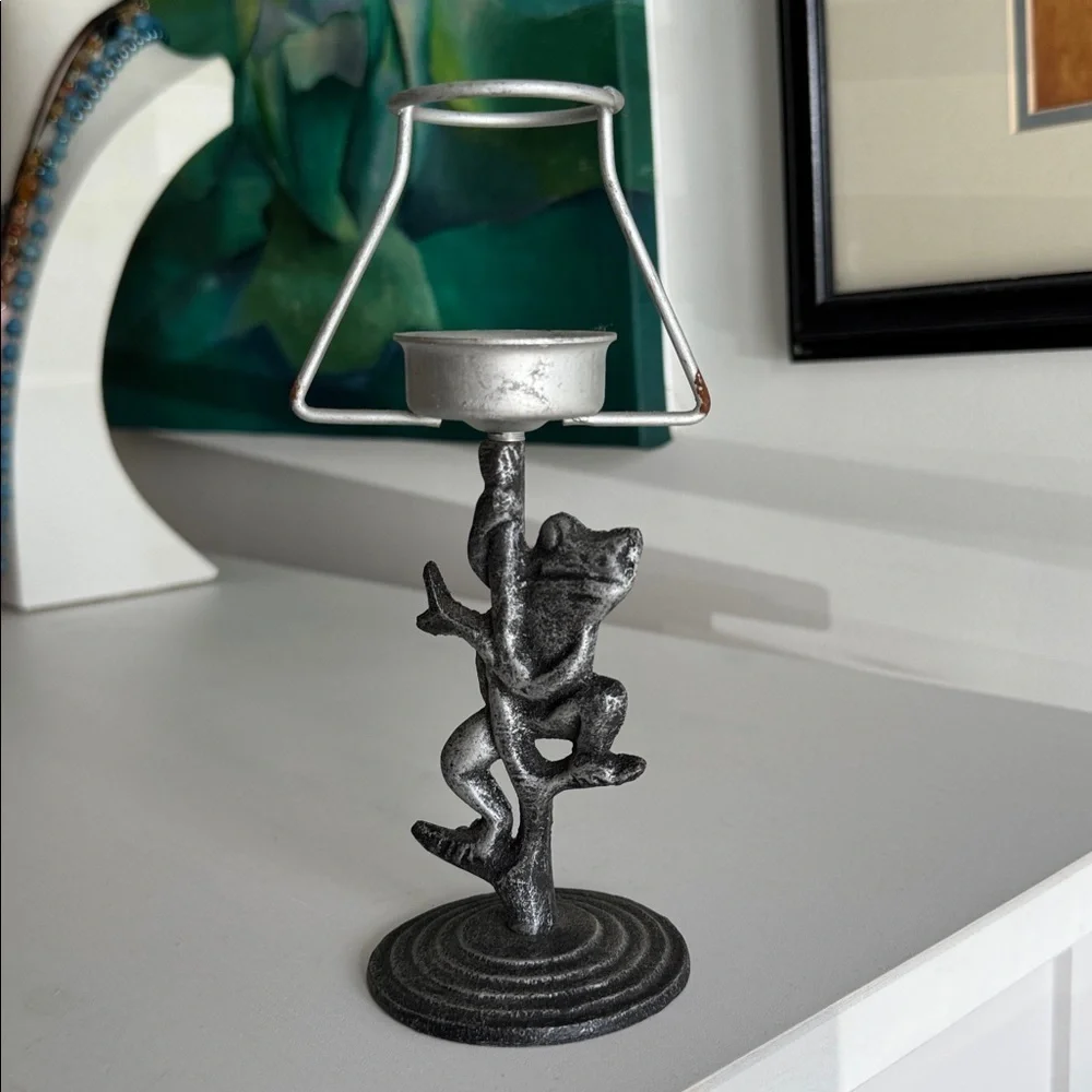 Frog Pewter Metal Candle Tea Light Holder Sculpture